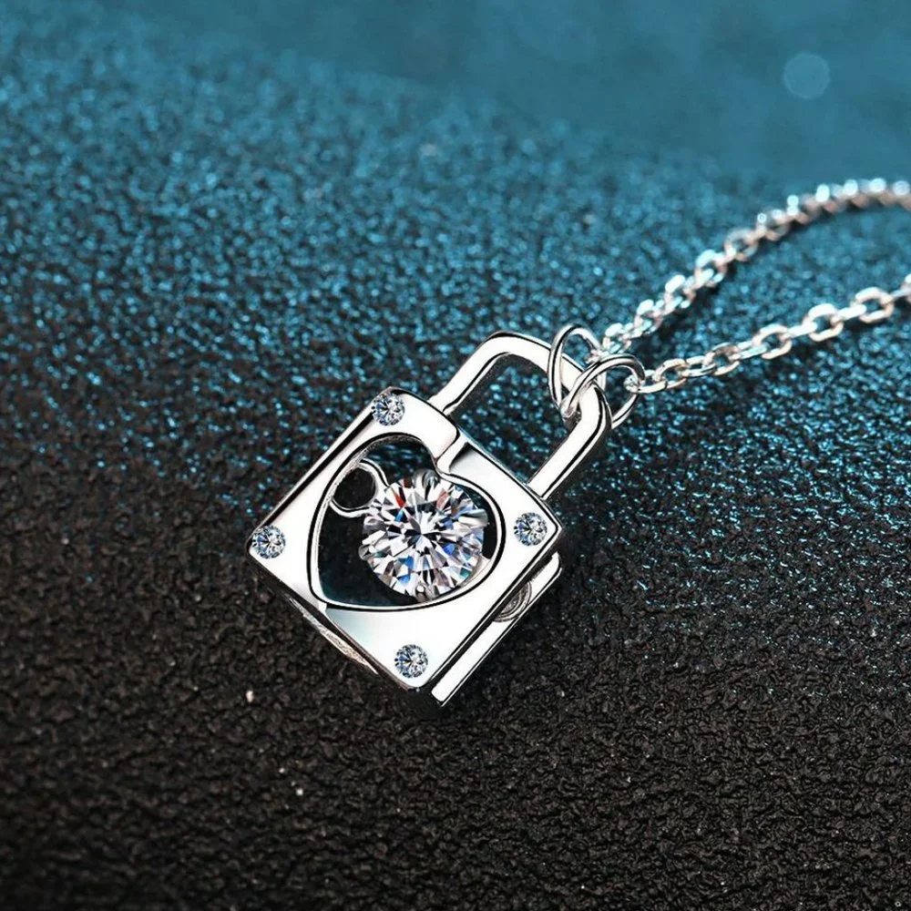 Certified 1/3 ct. t.w. Diamond Moissanite Dancing Heart Lock Necklace NEW - Picture 2 of 9